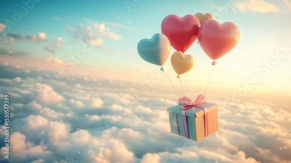 Fototapeta A Box flying on a parachute with pink cloud in valentine day,package flying down from sky and cloud with parachute, concept for delivery service,shopping online,air delivery service.