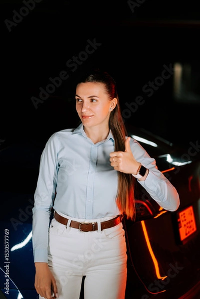 Obraz Woman charging EV in underground parking, giving a thumbs up for satisfaction