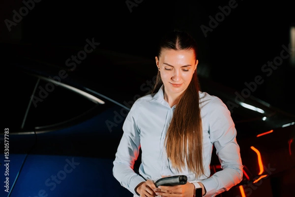 Obraz Woman charges electric car in modern underground parking lot during evening hours