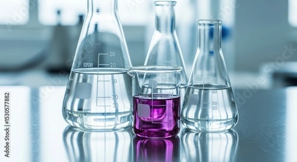 Fototapeta Close up of laboratory glassware with clear and purple liquids on a shiny surface in a lab setting