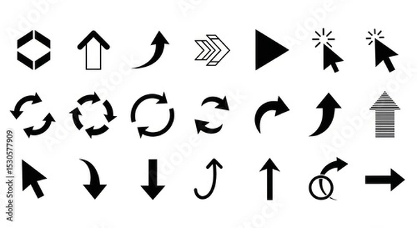 Fototapeta A collection of various black arrow icons pointing in different directions on a white background plain design
