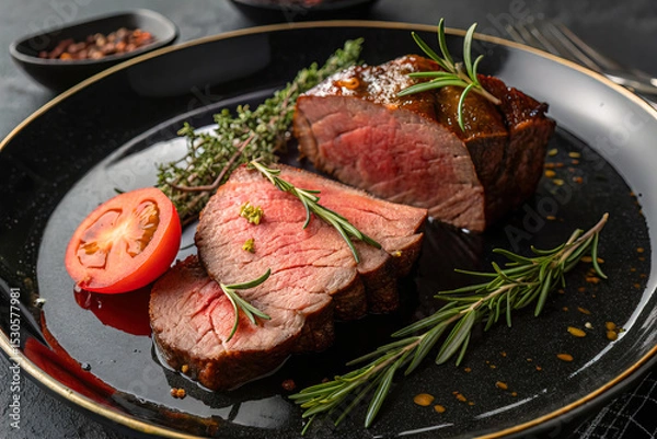 Fototapeta Slice of roast beef garnished with herbs and tomato on a luxurious black plate, top view