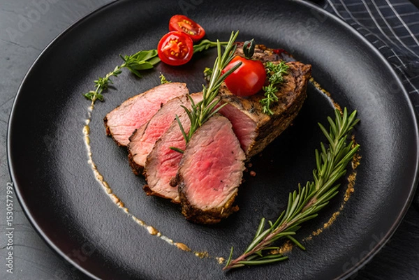 Fototapeta Slice of roast beef garnished with herbs and tomato on a luxurious black plate, top view