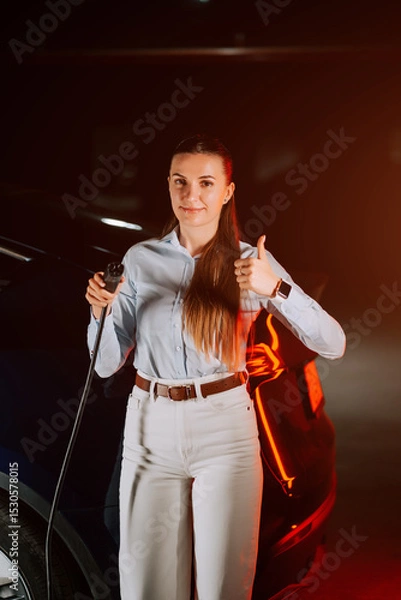 Obraz Woman charging electric vehicle in underground parking garage during evening hours