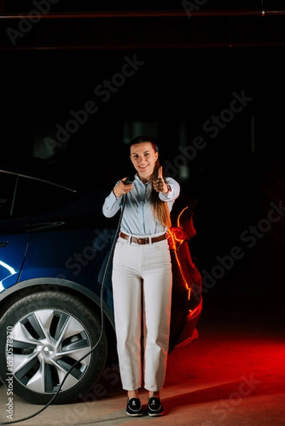 Obraz Woman charging electric car in underground parking lot with positive attitude and modern attire