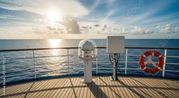 Fototapeta A view from a cruise ship deck with ocean horizon life preserver and navigation equipment visible at sunset