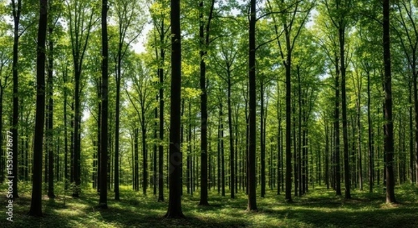 Fototapeta A dense forest with tall trees and green leaves creating a canopy of light and shadow on the ground