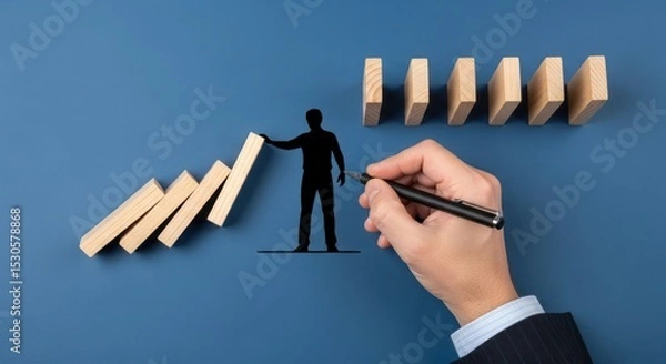 Fototapeta A hand with a pen stopping dominoes from falling with a drawn silhouette of a person on blue