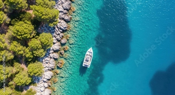 Fototapeta Aerial view of a white boat anchored near a rocky coastline with green trees on a clear turquoise sea