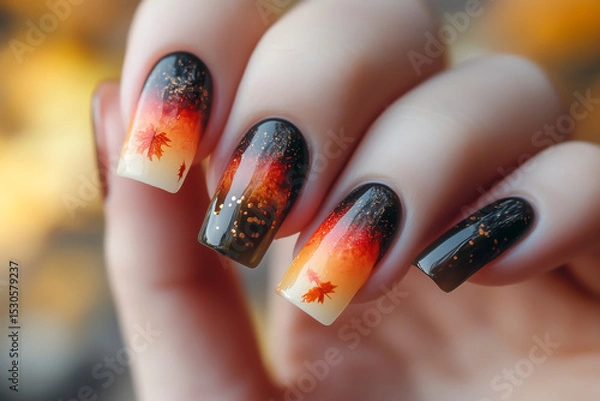Fototapeta Close-up of manicured nails featuring autumn inspired gradient design with maple leaves and glitter over a black to orange ombre background. Concept of seasonal beauty, fall fashion and artistic nail.
