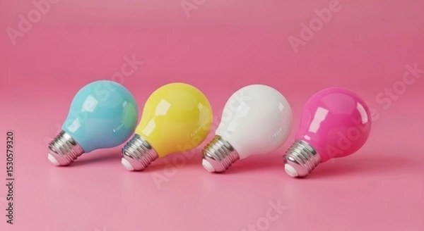 Fototapeta Four colorful light bulbs in a row on a pink background creating a vibrant and playful composition