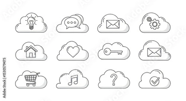 Fototapeta A collection of cloud icons with various symbols representing different functions and applications online