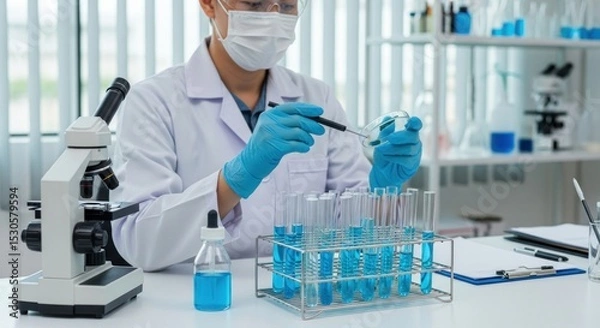 Fototapeta Person in lab coat examining petri dish with blue liquid near test tubes and microscope on table top