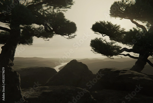 Fototapeta wide mountain landscape with view platform between japanese white pines. 3D Rendering
