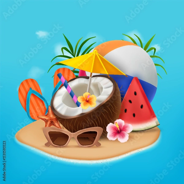 Obraz Realistic Summer Illustration with Beach Items
