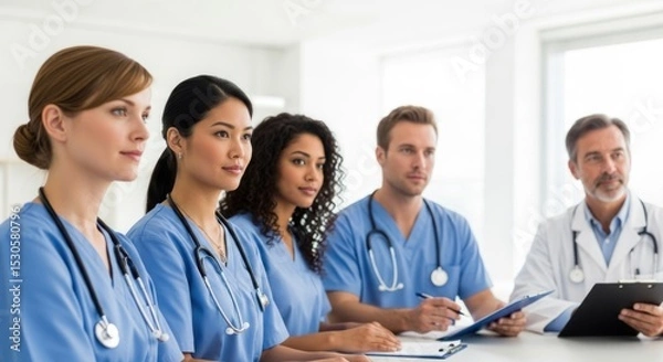 Fototapeta Group of medical professionals in scrubs and lab coats sitting at a table in a bright room setting