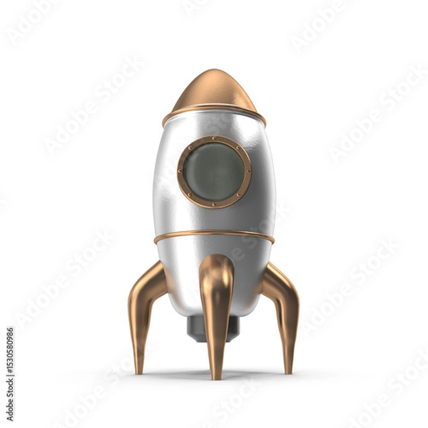 Fototapeta White and Gold Retro Rocket Ship with Porthole Isolated on Transparent Background