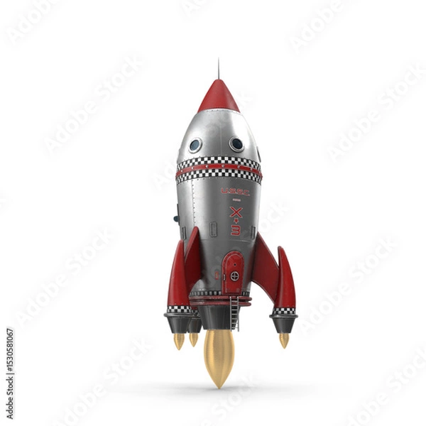 Fototapeta Retro Style Silver and Red Rocket Launching Isolated on Transparent Background