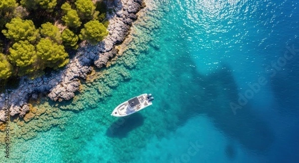Fototapeta Aerial view of a boat anchored near a rocky coastline with clear turquoise water and lush green trees