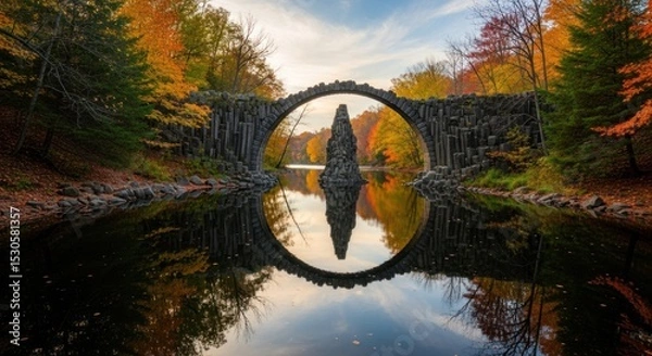 Fototapeta A scenic view of rakotzbrucke bridge in kromlau germany during autumn with water reflection