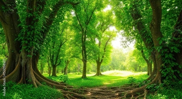 Fototapeta A vibrant forest scene with lush greenery, large trees, and a sunlit clearing in the background view