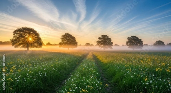 Fototapeta A scenic view of a field with trees and fog at sunrise creating a serene and peaceful atmosphere