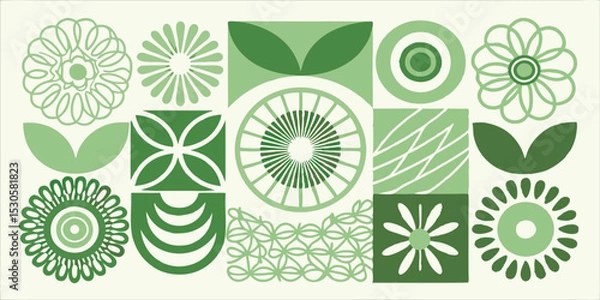 Fototapeta Geometric floral pattern with green hues featuring flowers leaves and circular designs in a retro style