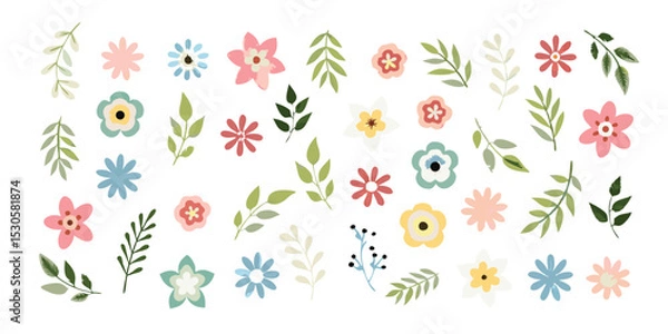 Fototapeta Assorted floral elements including pastel flowers and green leaves scattered on a white background scene