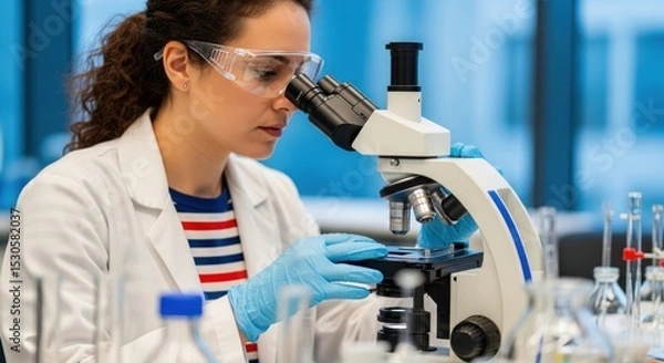 Fototapeta Woman in lab coat and safety glasses using a microscope in a laboratory setting with blue background
