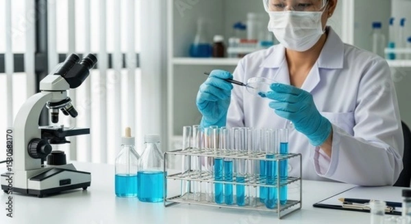 Fototapeta A scientist working in a lab with microscope test tubes and blue liquid wearing safety gear and gloves