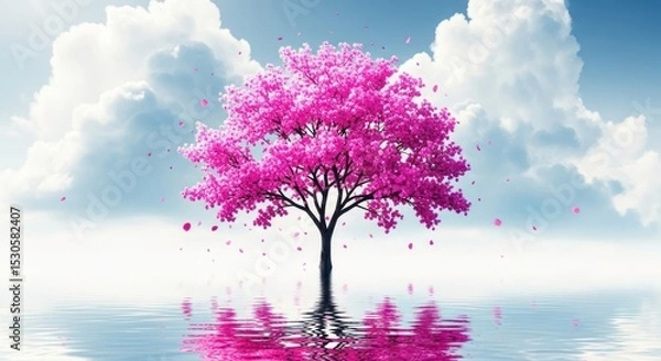 Fototapeta A pink cherry blossom tree reflected in water under a cloudy blue sky with falling petals around it