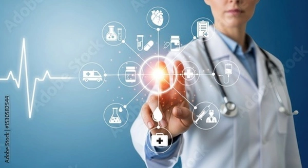 Fototapeta A doctor interacting with a digital interface displaying medical icons and a heartbeat line graphic