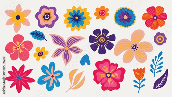 Fototapeta Collection of colorful hand drawn flowers and leaves on a white background in a flat design style