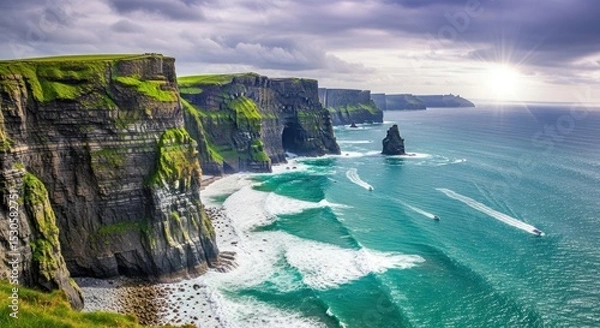 Fototapeta Aerial view of the cliffs of moher with crashing waves and boats under a cloudy sky on a sunny day