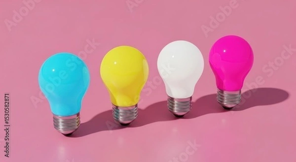 Fototapeta A row of four colorful light bulbs in blue, yellow, white, and pink on a light pink background