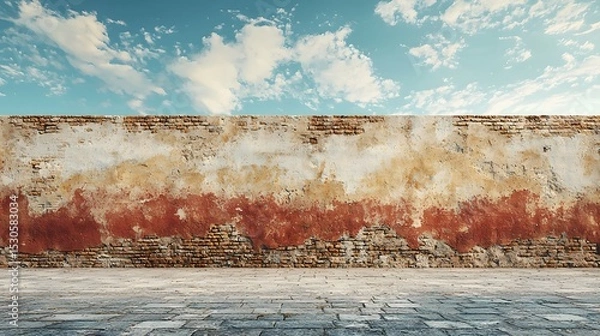 Fototapeta Brick wall in an urban setting with a cloudy sky