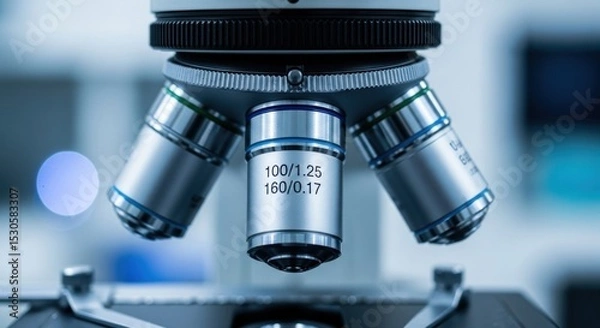 Fototapeta Close up of a microscope with three lenses and visible markings in a laboratory setting showing detail