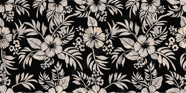 Fototapeta Monochrome floral pattern featuring hibiscus blossoms leaves and small flower clusters repeated densely across black