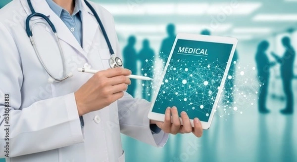 Fototapeta Doctor in white coat holding tablet displaying medical network with blurred people in background