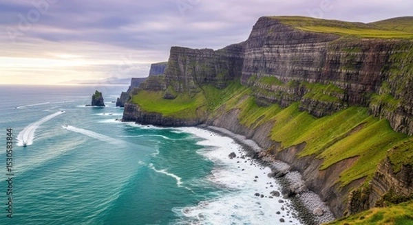 Fototapeta Aerial view of cliffs of moher with boats in the water and green grass on the cliffside landscape