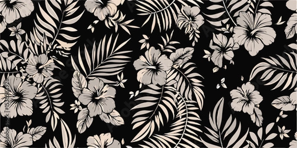 Fototapeta Monochrome floral pattern featuring hibiscus flowers and palm leaves on a black background design element