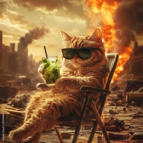 Obraz Cool Cat Sipping a Drink in a Post Apocalyptic World
