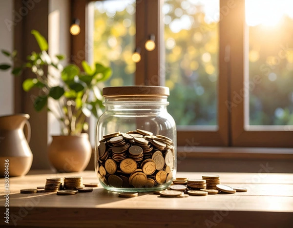 Fototapeta Captivating Home Photography of Custom Style Saving Jar with Coins