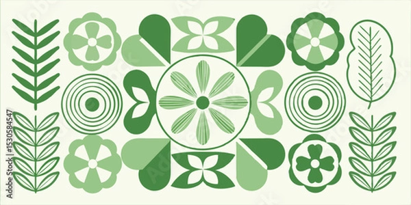 Fototapeta Botanical arrangement featuring green floral and leaf motifs in a symmetrical pattern design style