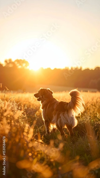 Fototapeta Dog Wagging Tail in Golden Hour Light with Soft Motion Effects
