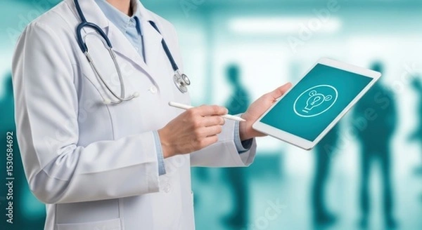 Fototapeta Doctor in white coat holding tablet with lightbulb icon in hospital hallway with blurred figures