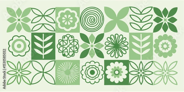 Fototapeta Geometric floral pattern with green hues in square tiles arranged in a rectangular format design element