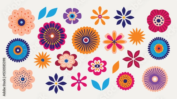 Fototapeta Collection of vibrant floral elements featuring various shapes and color palettes on a light background