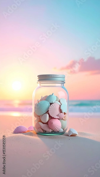 Fototapeta Peaceful Scene with Money Jar and Decorative Shells by the Shore