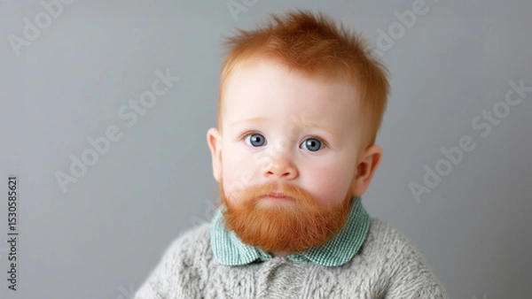 Fototapeta Bizarre redhead baby boy or toddler with full red beard posing for funny portrait